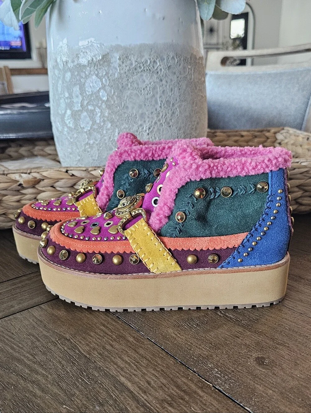 Kurt Geiger Multicolor Suede Platform Boots - Pink, Yellow, Blue Womens Sz 5 NEW